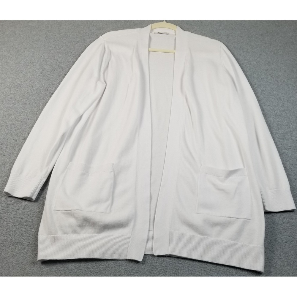 Tu Cardigan Women's 14 White Open Front Long Sleeve Cotton Knit Pockets Sweater